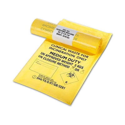 Clinical Waste Sacks Medium Duty, Yellow, 4 rolls of 50, 15/28 x 39"