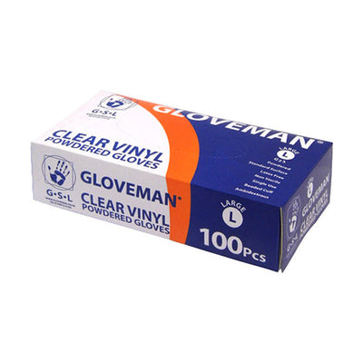 Gloveman® Clear Vinyl Powdered Examination Gloves - Box of 100 (Sizes S - XL)