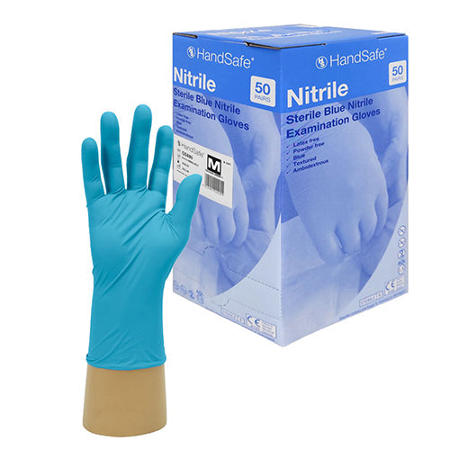 HandSafe Sterile Blue Nitrile Powder Free Examination Gloves - Pack of 50 (Sizes S - M)
