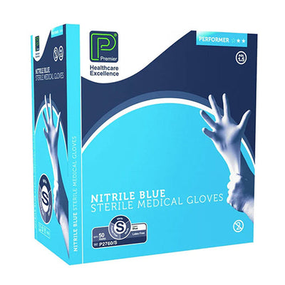 Performer Sterile Blue Nitrile Powder Free Examination Gloves - Pack of 50 (Sizes XS - XL)