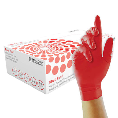 Unigloves Red Nitrile Disposable Gloves – Powder Free, Box of 100 (Sizes S–L)