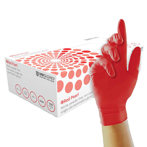 Unigloves Red Nitrile Disposable Gloves – Powder Free, Box of 100 (Sizes S–L)